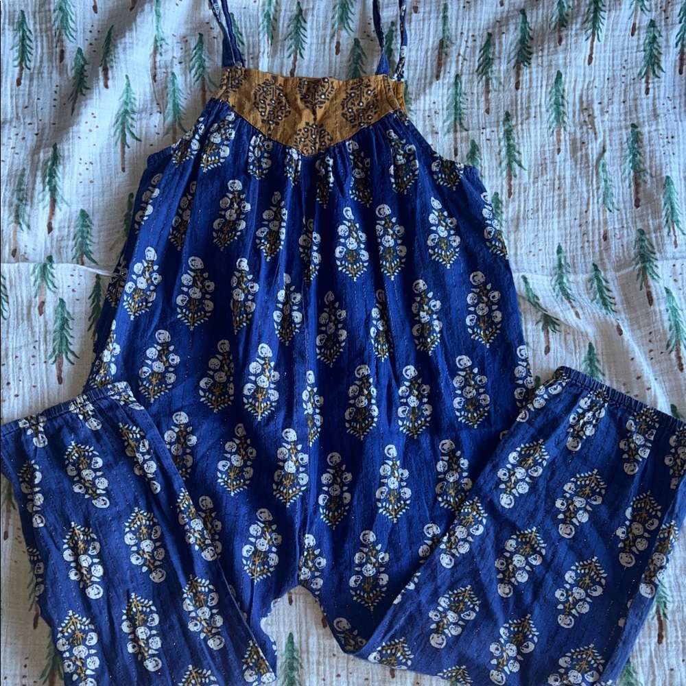 Pink chicken Floral Blue and Gold Jumpsuit